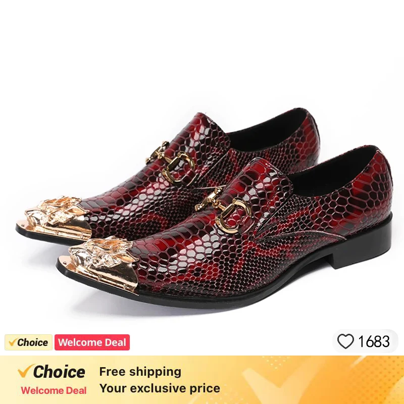 Summer Business Dress Men's shoes Black Snake Embossed Genuine Leather Shoes Dragon Head pointed Party Trend Wedding shoes