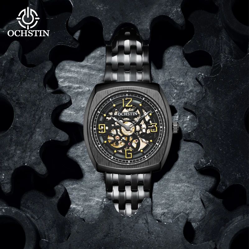 Мужские часы в форме бочонка с полым скелетом, механические часы со стальным ремешком, автоматические мужские квадратные наручные часы, деловой модный стиль