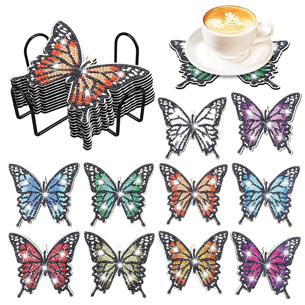 8/10pcs/set DIY Diamond Painting Coaster Butterfly Drink Cup Wooden Non-slip Table Placemat Insulation Pad Kitchen Accessories