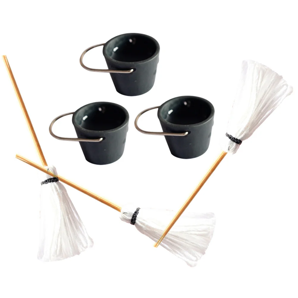 

3 Sets Bucket Mop Model Mini House Decoration Halloween Miniatures Small Mops Buckets