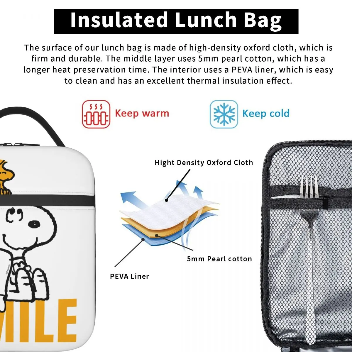 Snoopy & Woodstock All Smiles Merch borsa da pranzo isolata per ufficio scatole per alimenti per la conservazione delle arachidi scatole per il