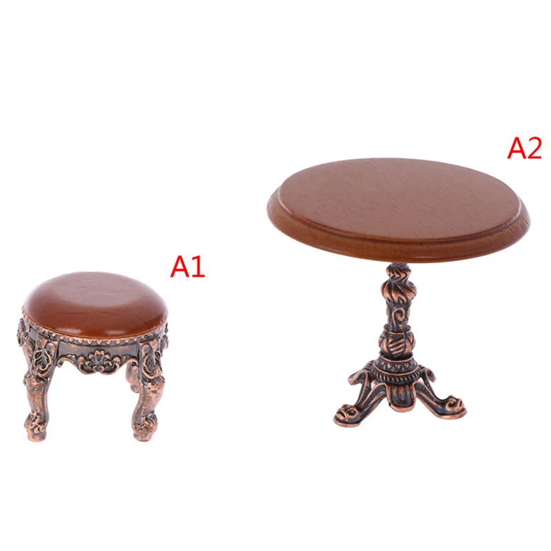 

[JN]1/12 Dollhouse Miniature Furniture Wooden Round Kitchen Side Table And Stool