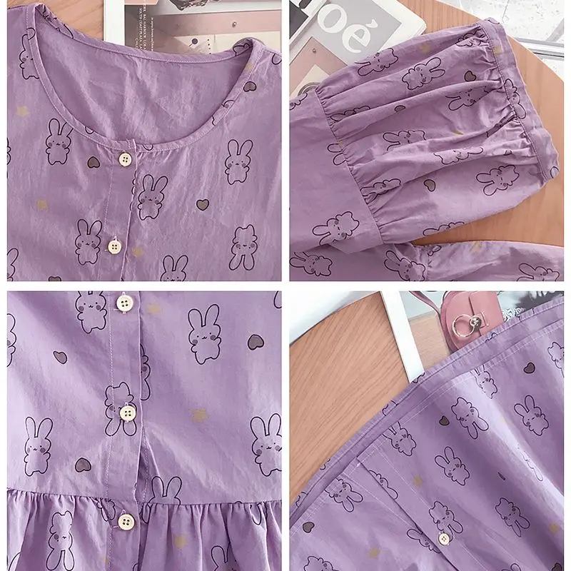 Japanese Cute Rabbit Full Printed Kawaii Shirts Loose Doll A-shape Blouse Summer Lantern Sleeve Skirt Hem Korean Girls Women Top