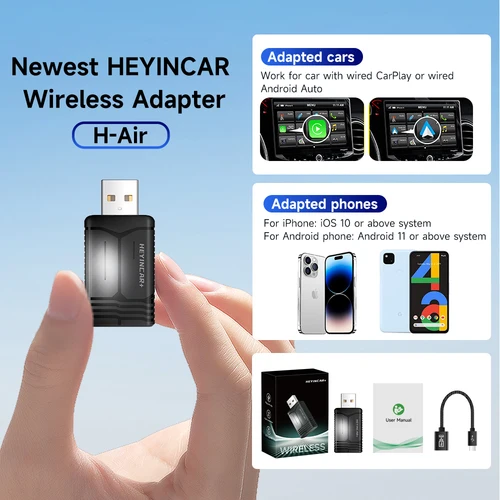 Imagen 2 del producto 2025 HEYINCAR 2 en 1 adaptador inalámbrico Android Auto inalámbrico CarPaly Box 2,4G y 5,8 Ghz WiFi BT conexión automática para coches AA CP con cable