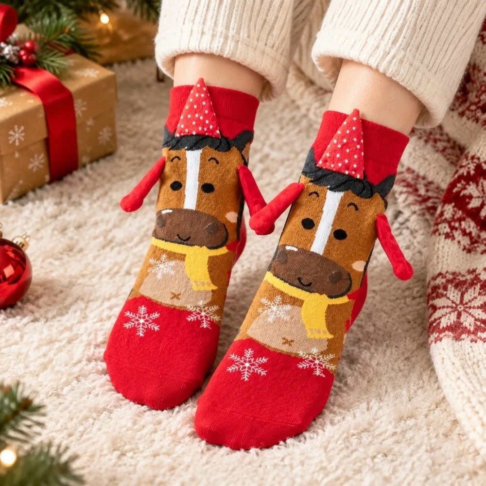 Festive Atmosphere Mid-Tube Christmas Socks Santa Claus Funny Magnetic Socks Bear Xmas Tree Holding Hands Socks Party