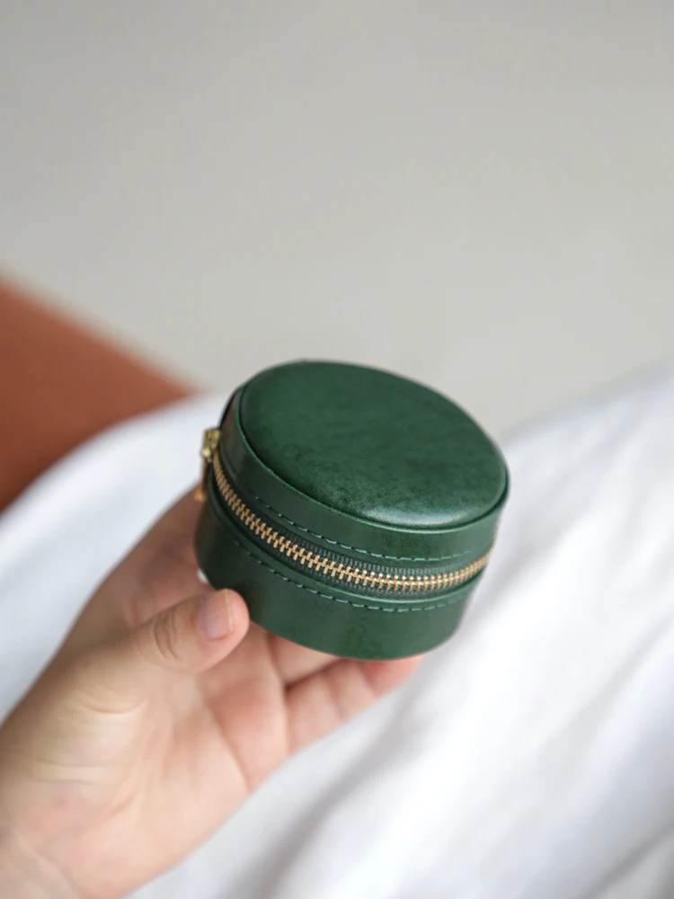 

simple genuine leather women's small round jewelry box fashion luxury handmade real cow leather earrings ring storage bag
