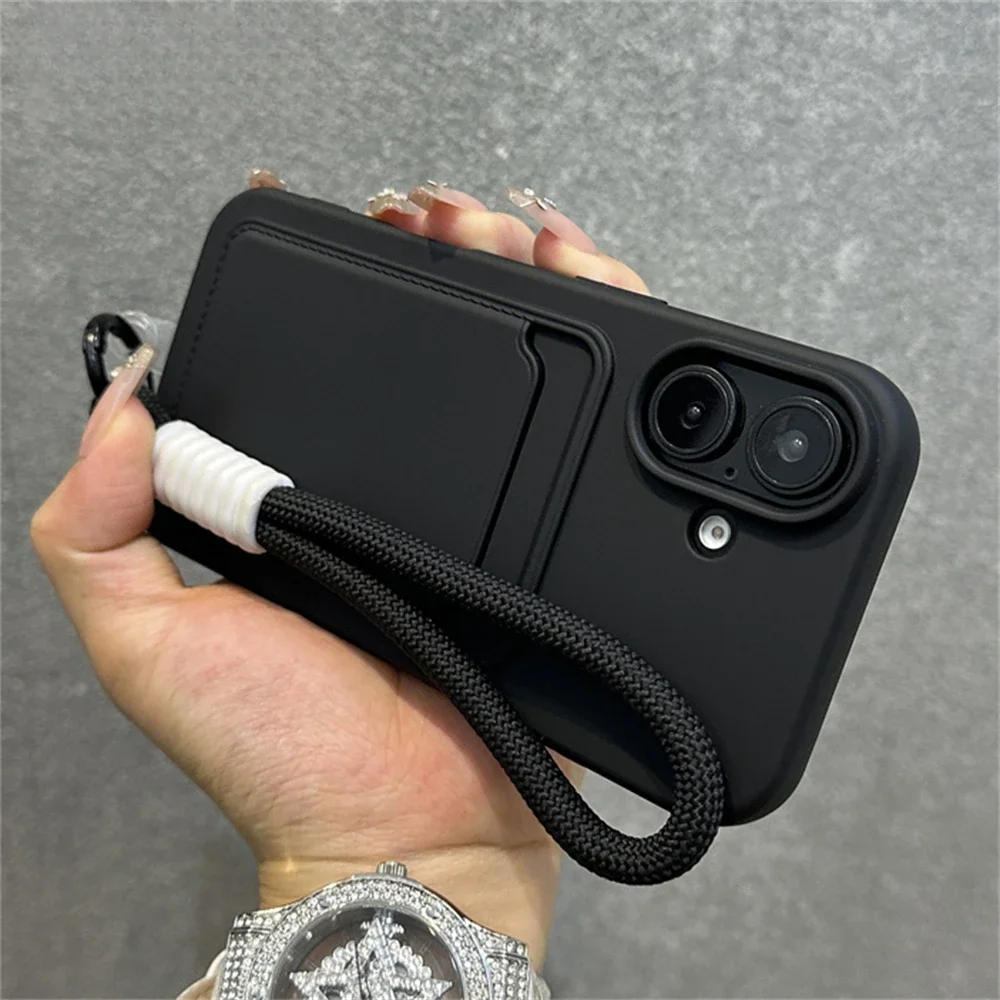 

Card Slot Wallet Holder with Wrist Strap Phone Case for IPhone 13 15 16 Pro Max 11 12 14 Plus X XS XR Nylon Lanyard Bumper Cover