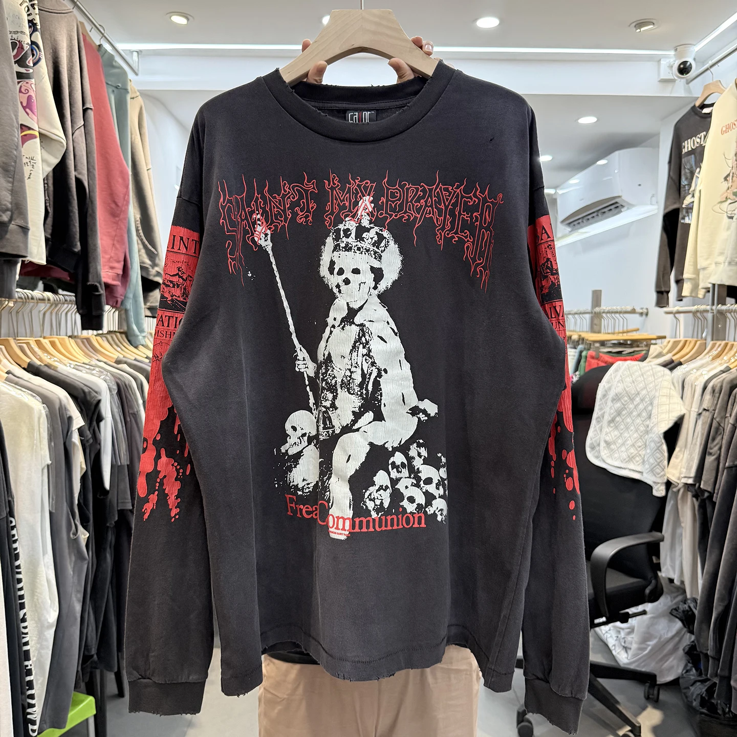 

Retro American Craed Cartoon Skeleton Letter Print Oversize Long Sve T-irt ex Loose Fit round Ne Pullover Tee