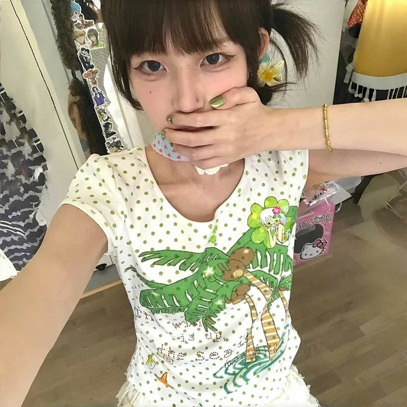 

Japanese Y2k Kawaii Graphic T Shirts 2000s Aesthetics Coconut Tree Print T Shirt Vintage Harajuku Polka Dots Crop Tops Lolita