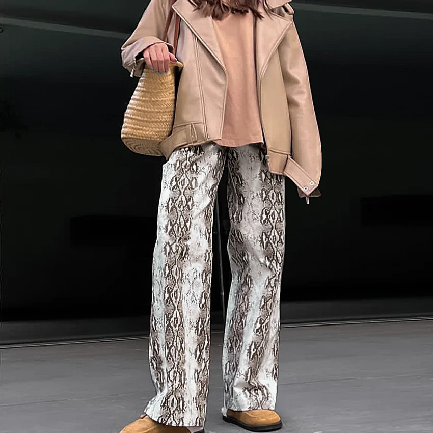 Seksowne spodnie damskie w wężowy wzór, luźne, z wysokim stanem, elastyczną talią, codzienne, długie spodnie, letnia moda, nowość, transgraniczne.