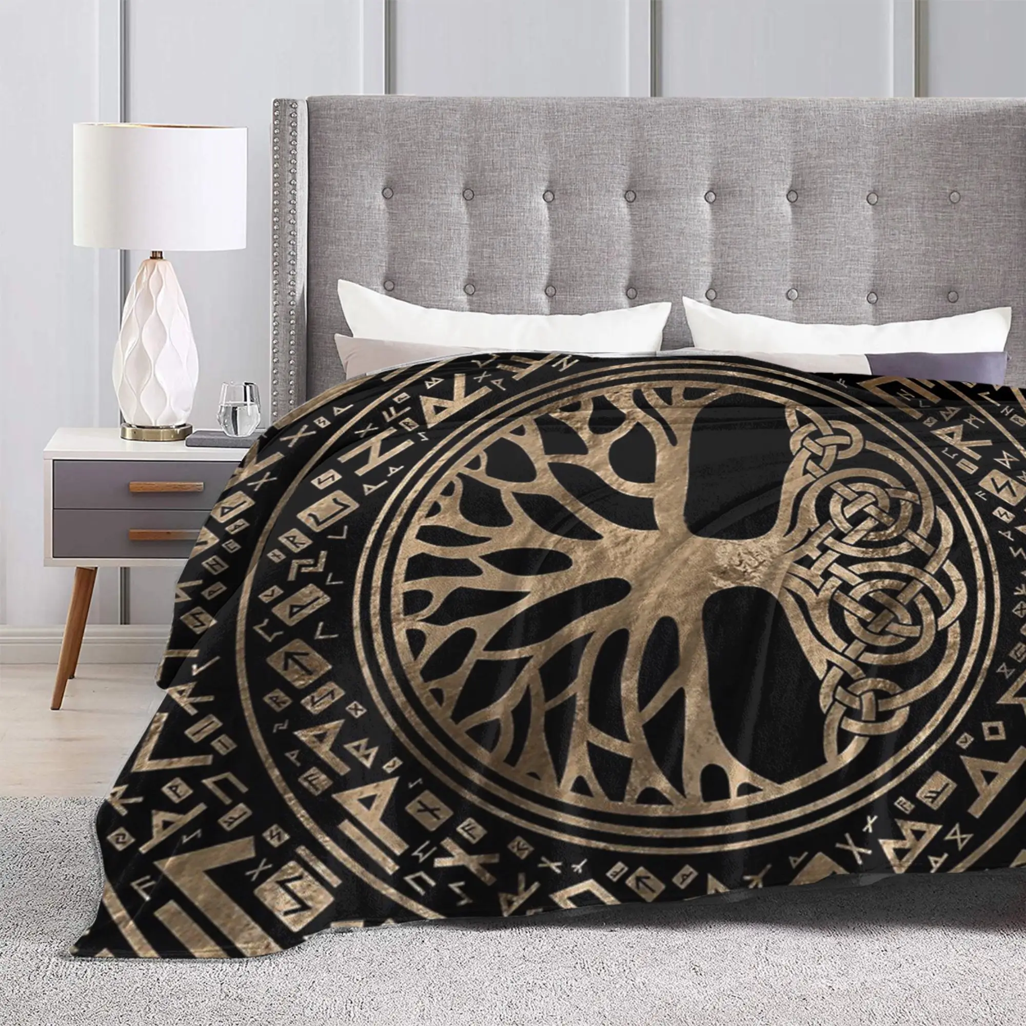 Tree Of Life Yggdrasil Runic Pattern Coral Fleece Plush Throw Blankets Vikingg Blankets for Sofa Outdoor Soft Bedroom Quilt