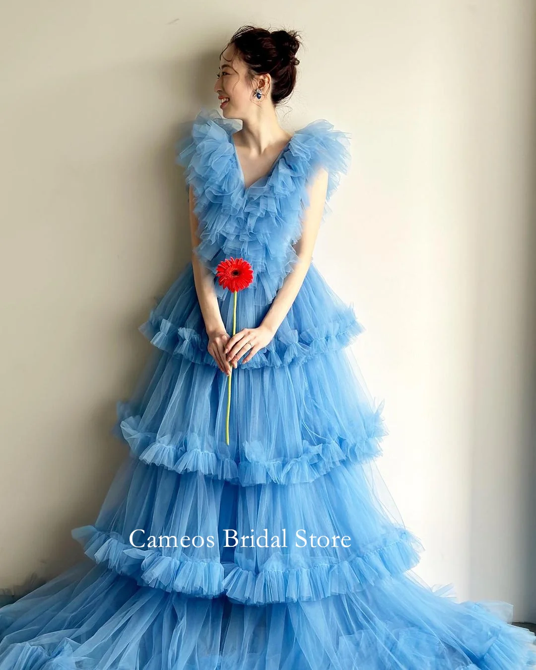 SONDR Layered Korea V-Neck Evening Dress Custom Made Formal Prom Dress Tulle Blue Backless 웨딩드레스 Occasion Party Evening Gown