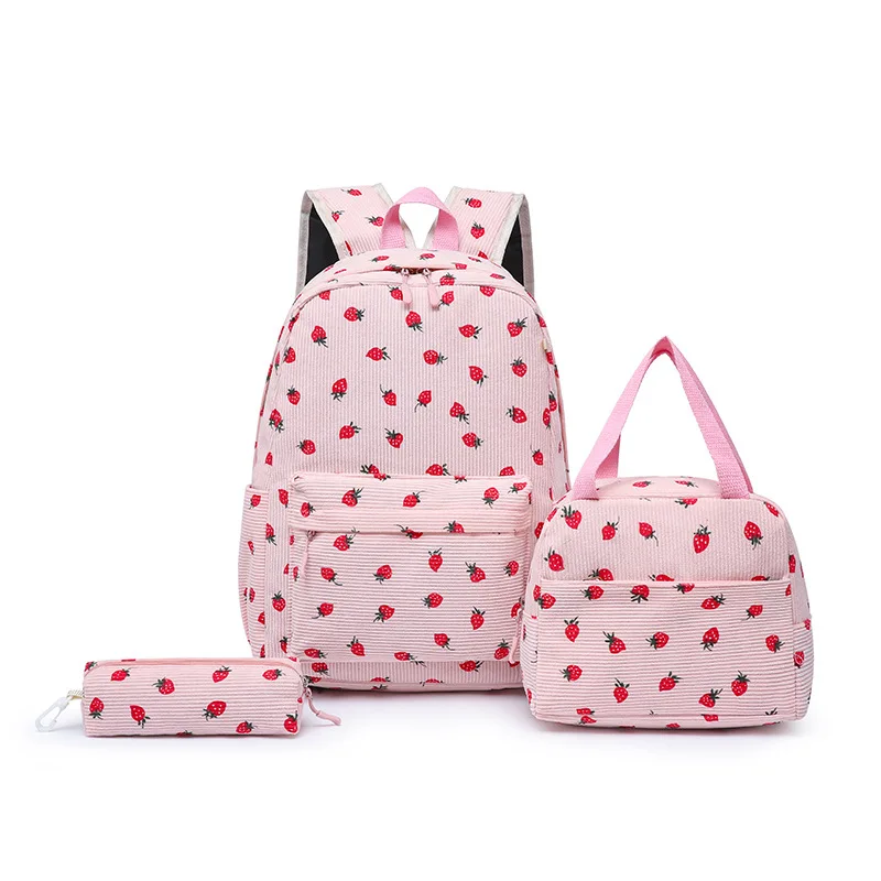 3Pcs Strawberry Print Backpack Set for Girls Corduroy School Bag with Lunch Bag Pencil Case Cute Bookbag Daily Travel Mummy Bag