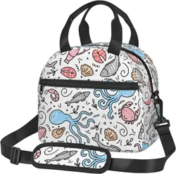 Cute Marine Animals Reusable Insulated Lunch Bag for Women Men Stylish Lunch Tote Box with Adjustable Shoulder Strap