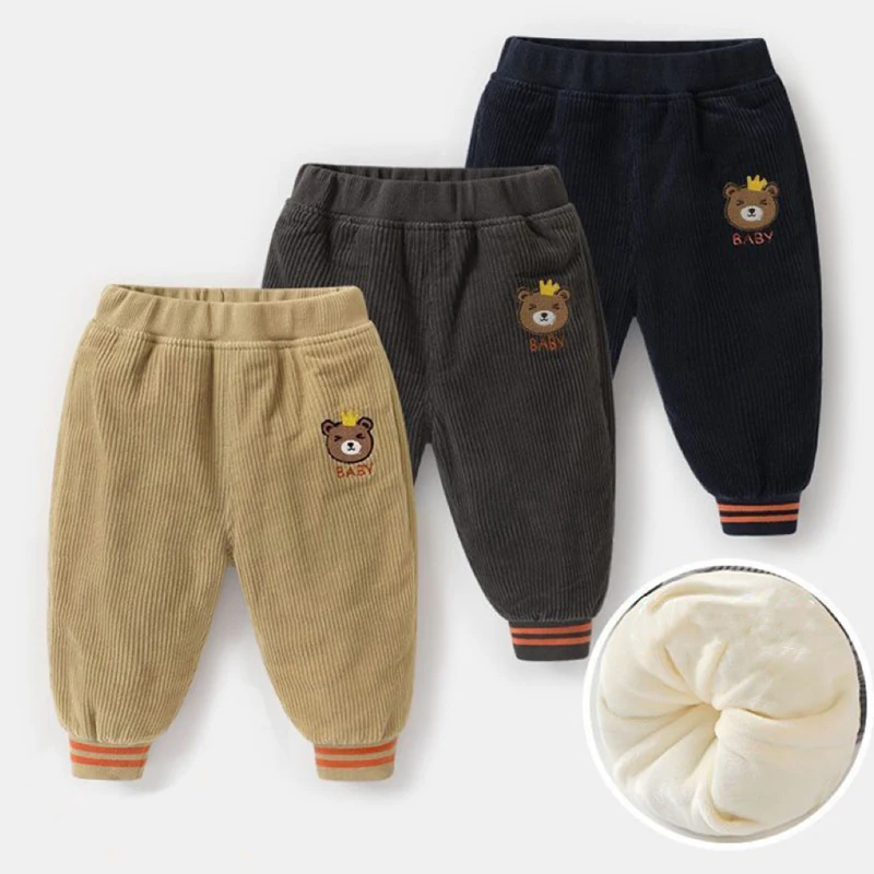 1pcs Boys Girls Winter Velvet Corduroy Kid Pants Little Bear Cartoon Mid Waist Warm Pantalone Baggy Thick Plush Children Trouser