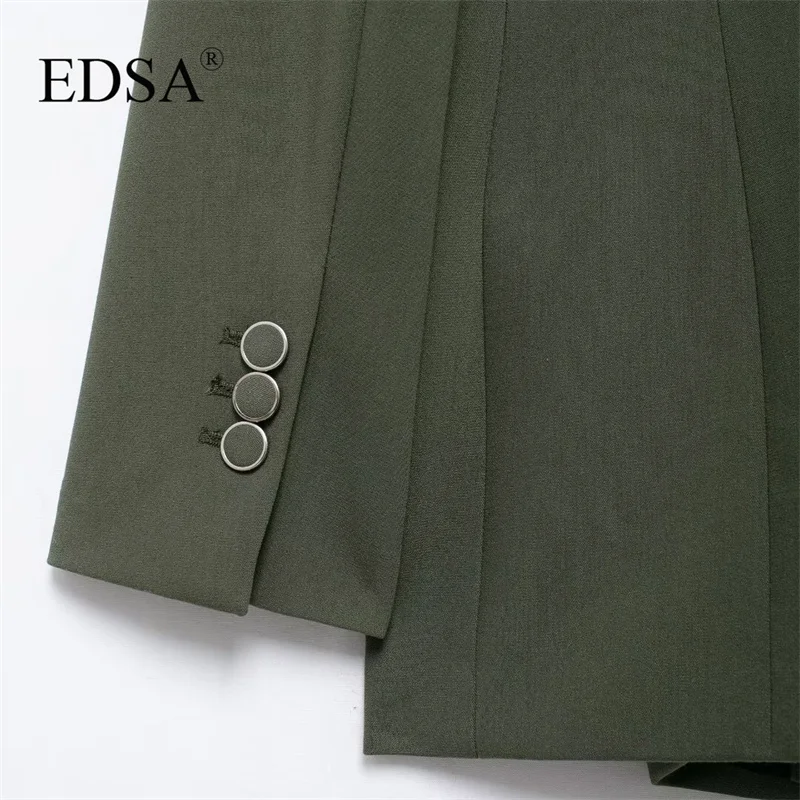 EDSA Women Fashion Double Breasted Blazer Jacket with Flap Pockets for Office Lady Long Sleeves Solid Color Coat Outerwear