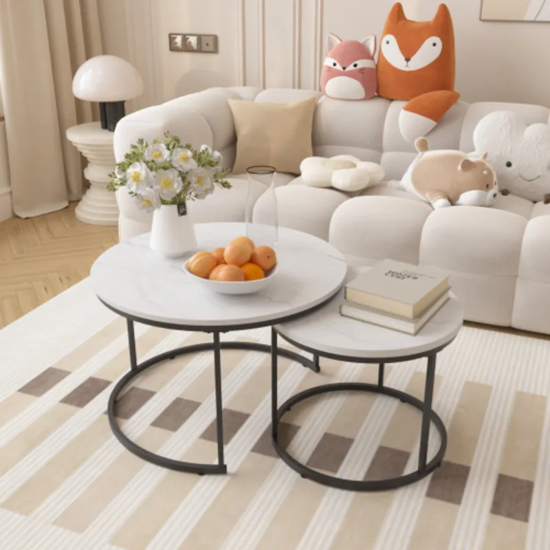 Nesting Set Of Round Coffee Wood Marble Pattern Top With Sturdy Metal Frame End Table Side Tables For Living Room