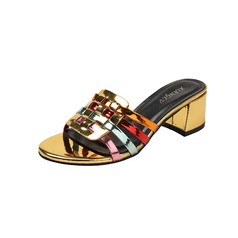 Woven Hollow out Sandals Thick Heel Women's Fashion Anti-Slip Outdoor Wear Match Skirts Comfortable All-Match Slip-On Shoes