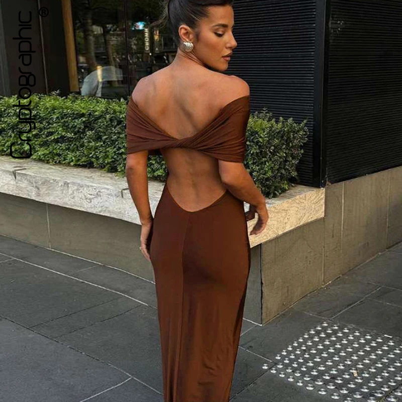 Cryptographic Ruched Elegant Off Shoulder Maxi Dress Club Party Outfits Women Back Split Sexy Backless Bodycon Dresses Vestido