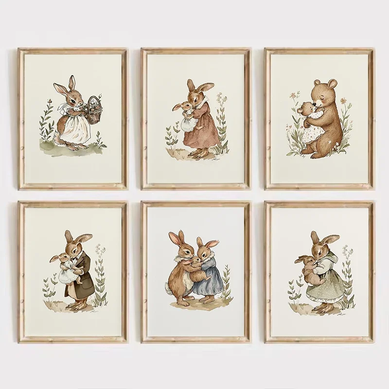 Antiguo dibujo de mamá y conejito, lienzo impreso, conejo, oso, Animal, cuento de hadas, arte de pared para guardería, imagen, decoración familiar de granja