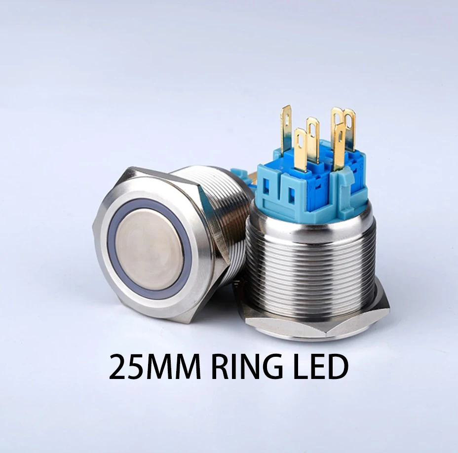 22S 25S 22MM Metal Waterproof Flat Round Self-Locking Reset 12V 220V 25MM LED Light Power Button Switch