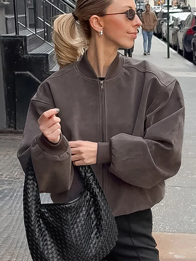 

Chio Lady Casual Zipper Jacket Fashionable Long Sleeve Lapel Patched Loose Short Jackets 2025 New Fall Daily Commute Office Coat