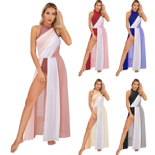 Vestidos de baile lírico para mujer, danza contemporánea moderna, trajes de actuación de patinaje sobre hielo, vestidos divididos sin mangas a la moda