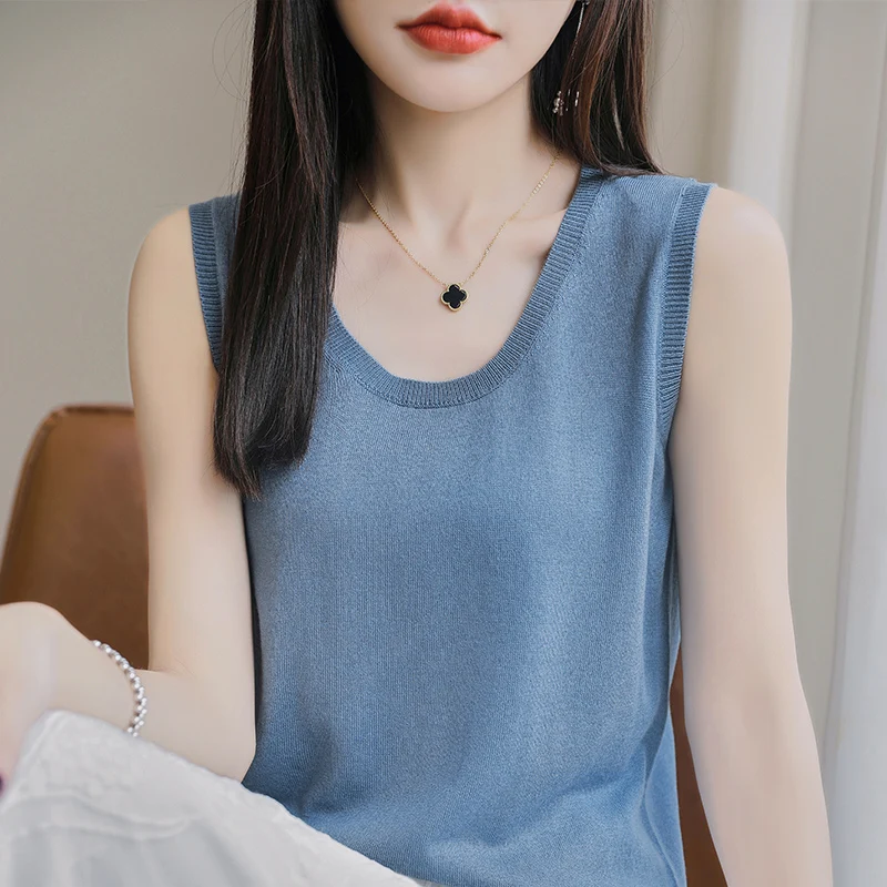 SZDYQH Hot Sale Summer Silk Tops Women's Fashion O-neck Sleeveless Knit Pullover Spring Soft Comfortable Tank Tops Black Whiter