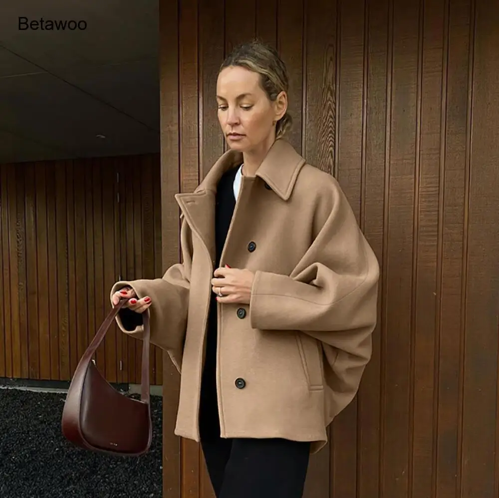 Camel Oversized Wool Coat Women Fashion Loose Fit Fall Winter Overcoat