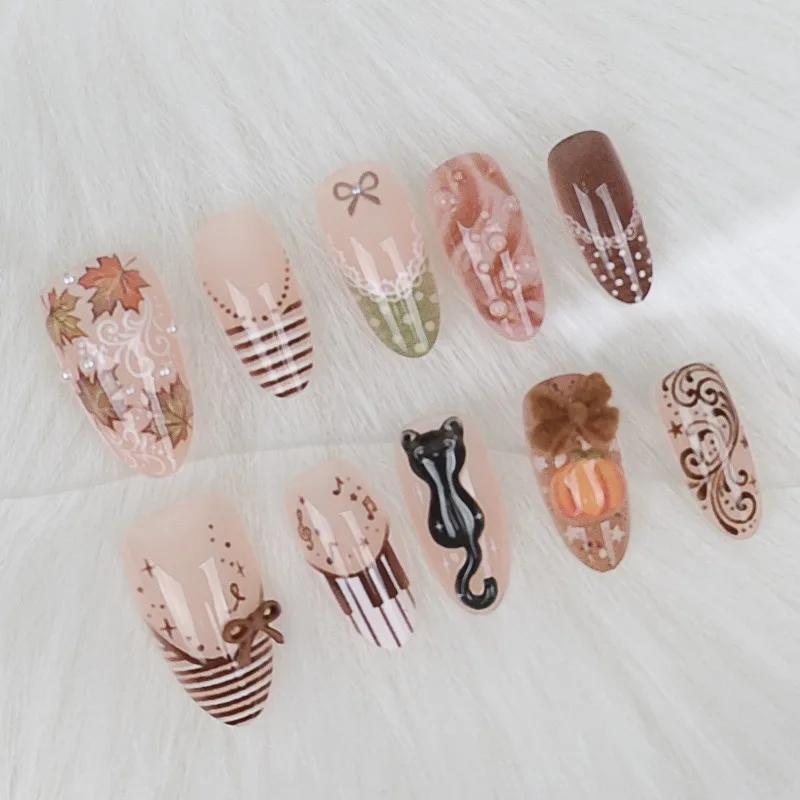 24PCS Almond Press on Nails Cute Cartoon 3D Black Cat Pumpkin Maple Leaf False Nails Autumn Bow Music Note Sweet Fake Nails Art