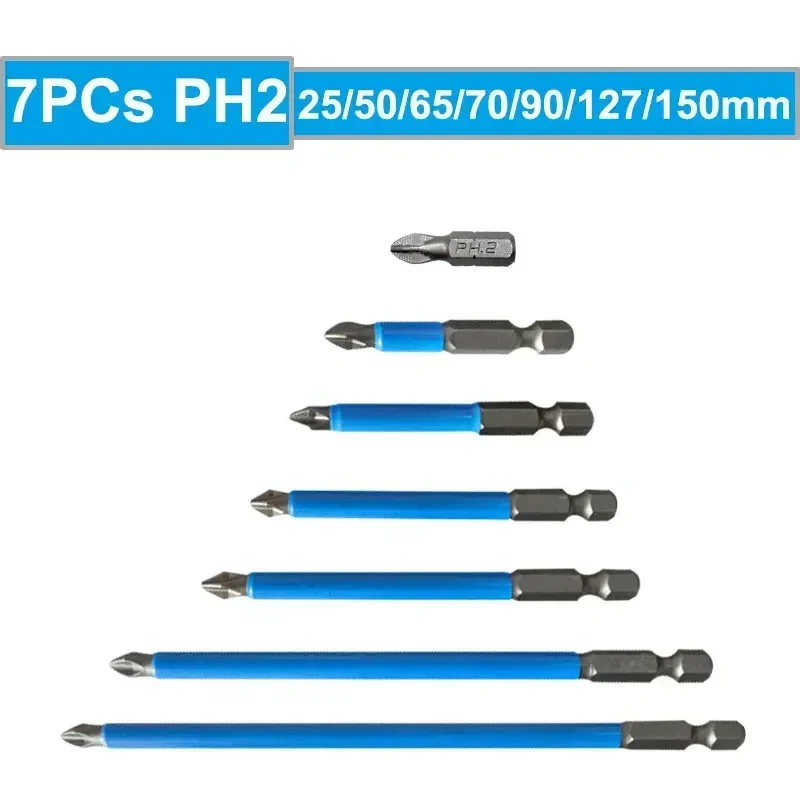 7PCs 50mm150mm PH2 Cross Non Slip Screwdriver Hardness Drill Bit Hex Shank Long Magnetic Precision Electric Screwdriver Tools