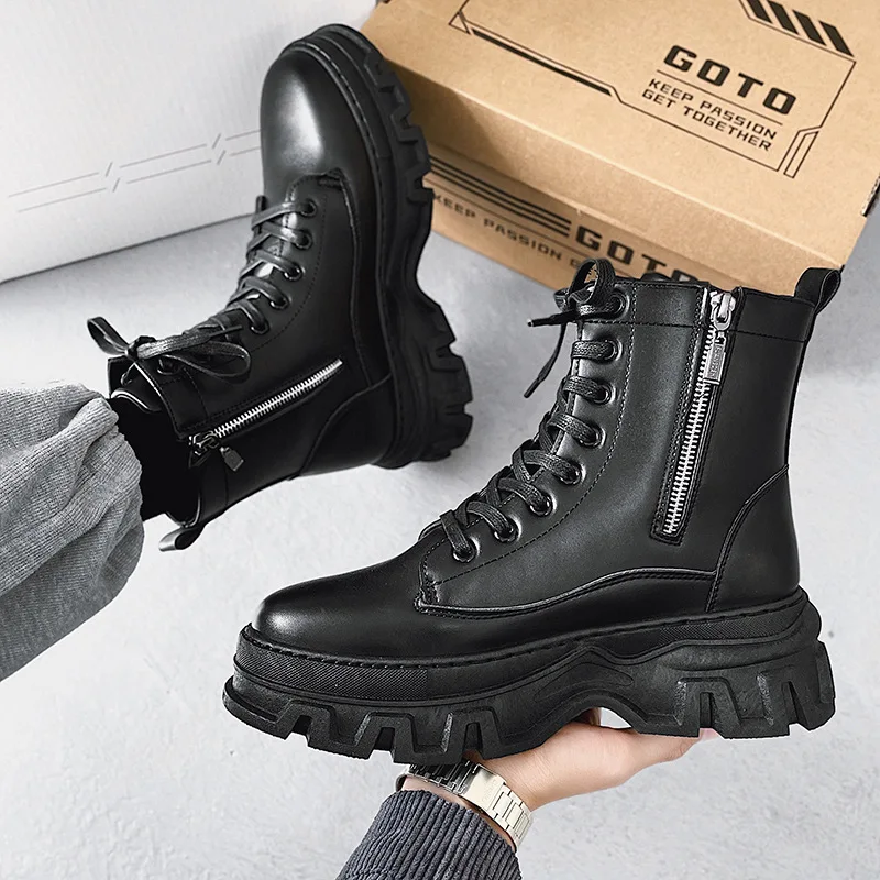 Brand Boots Autumn Winter New Leather Ankle Boots Men\'s Motorcycle Boots Lace Up Trend Short Boots Youth Round Toe Work Shoes