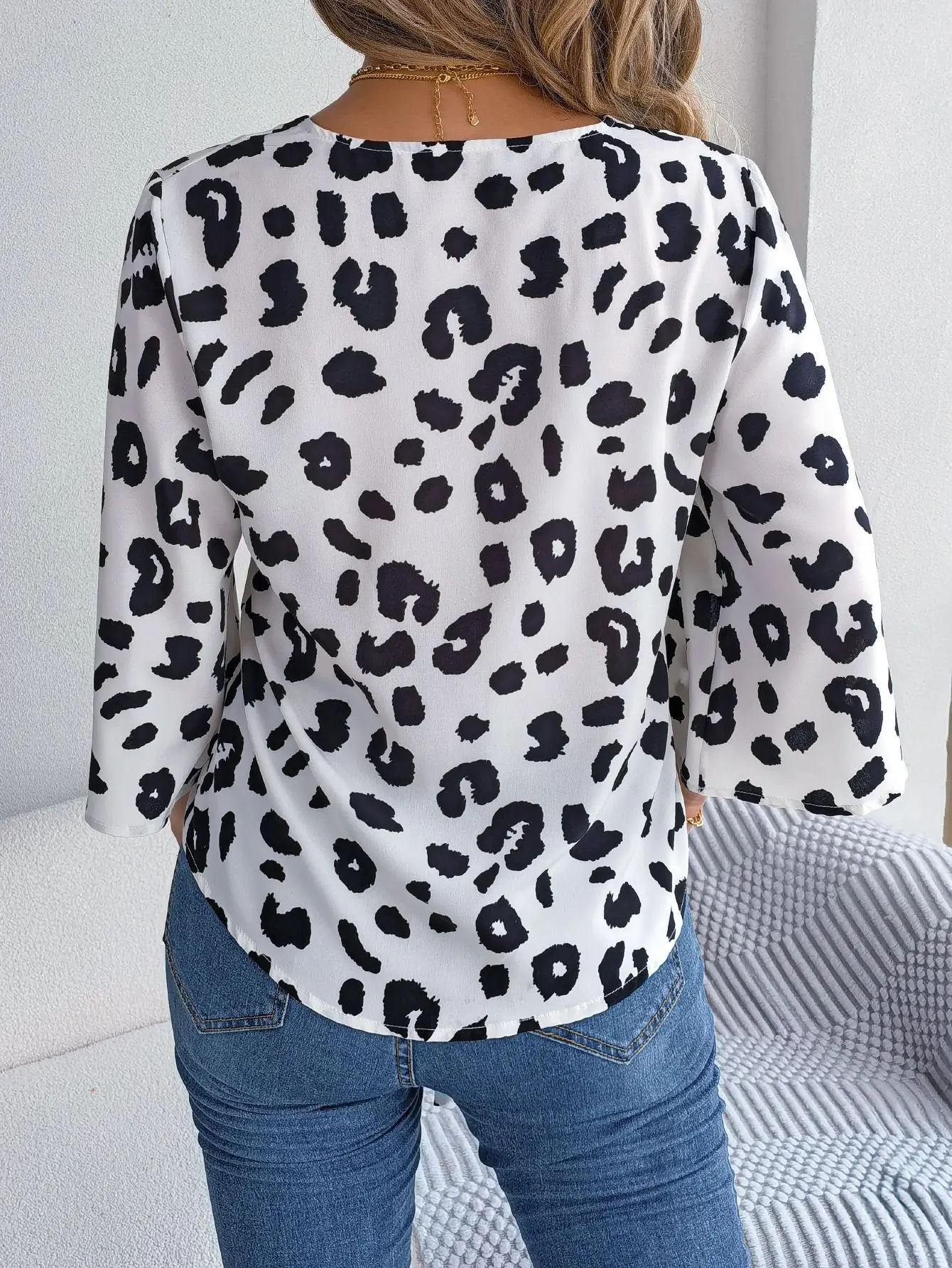 Spring Summer Casual Leopard Print Middle Sleeve Tie Bow Top Women Button Shirt