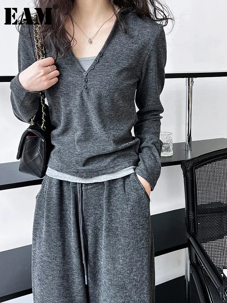 [EAM] Gray Soft Casual T-shirt Wide Leg Pants Three  Piece Suit New Hooded Long Sleeve Women Fashion Spring Autumn 2024 1DH6649