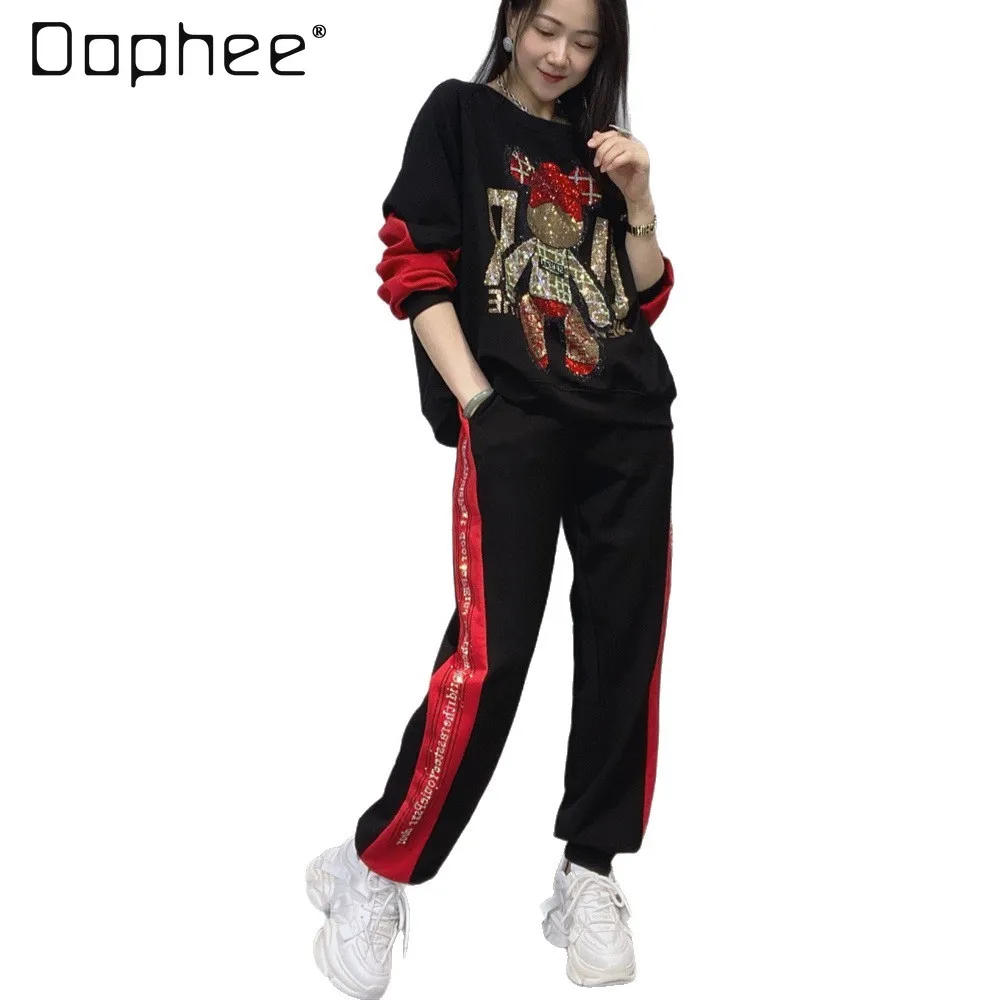 Women's Rhinestone Round Neck Long Sleeve Sweatshirt Set Autumn Fashion Korean Style Outdoor Sportswear Two-Piece Set Trendy