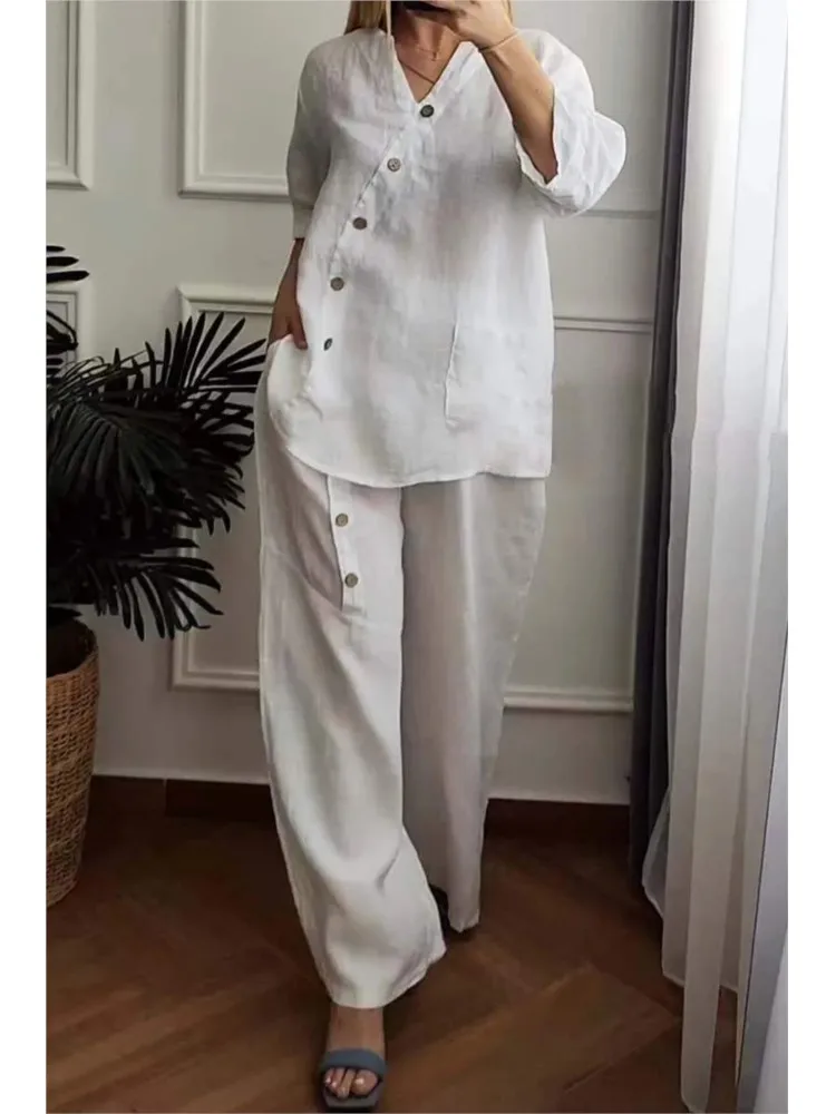 Fashion Button Top Pants Two Piece Set Women\'s Suit Spring Autumn 3/4 Sleeve Pocket Pants Sets White Work Solid 2 Piece Set Lady