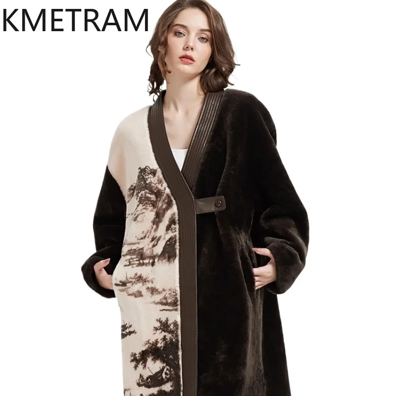 

KMETRAM Natural Sheepskin with Wool Atttached Real Fur Coat 2025 Mid Length Coats for Woman Printed Winter Jacket шуба женская