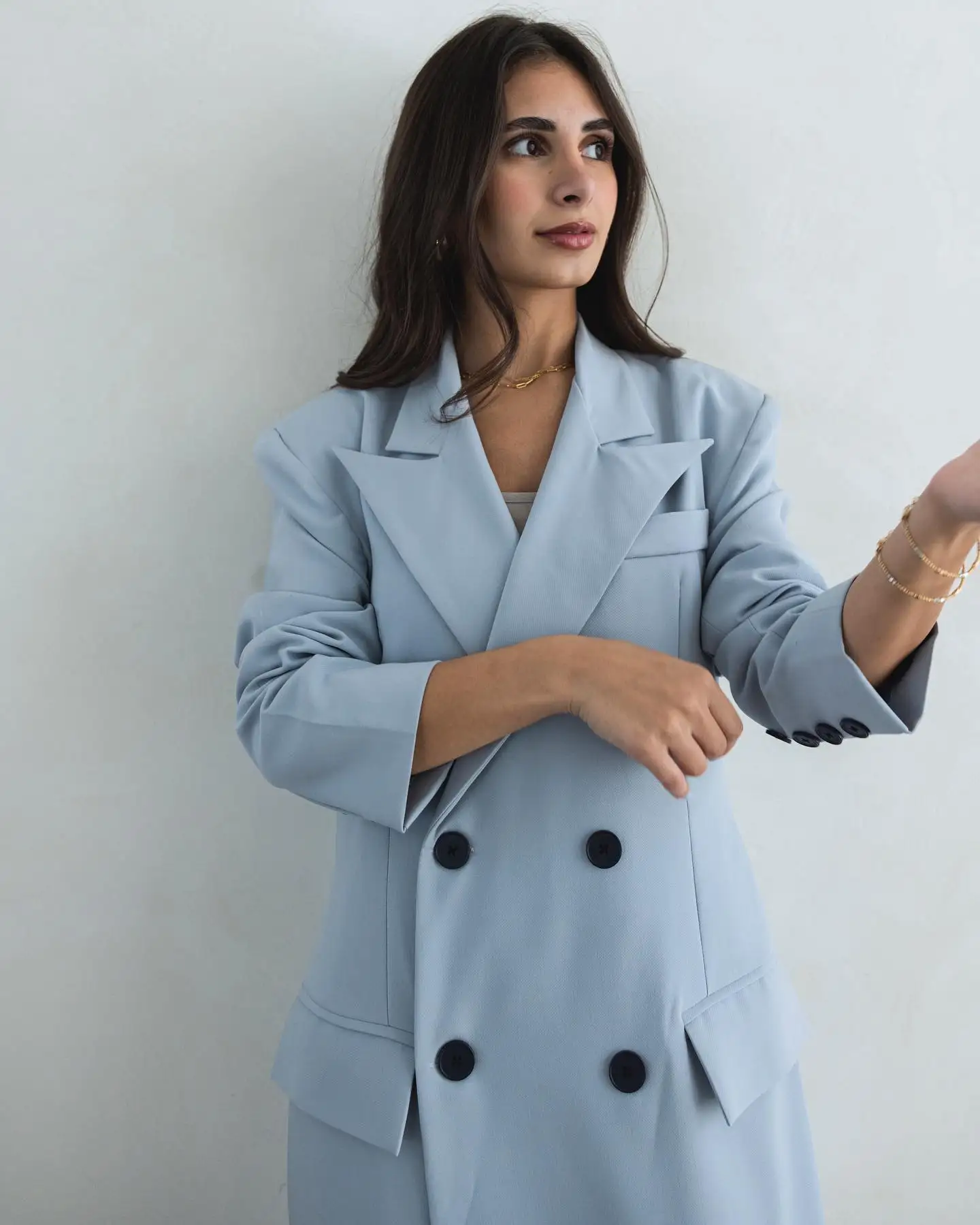 Women'S Double Breasted Long Blazer Sky Blue Elegant Suits Tailored Clothes Casual Business Suit New Fashion 1pc Customized