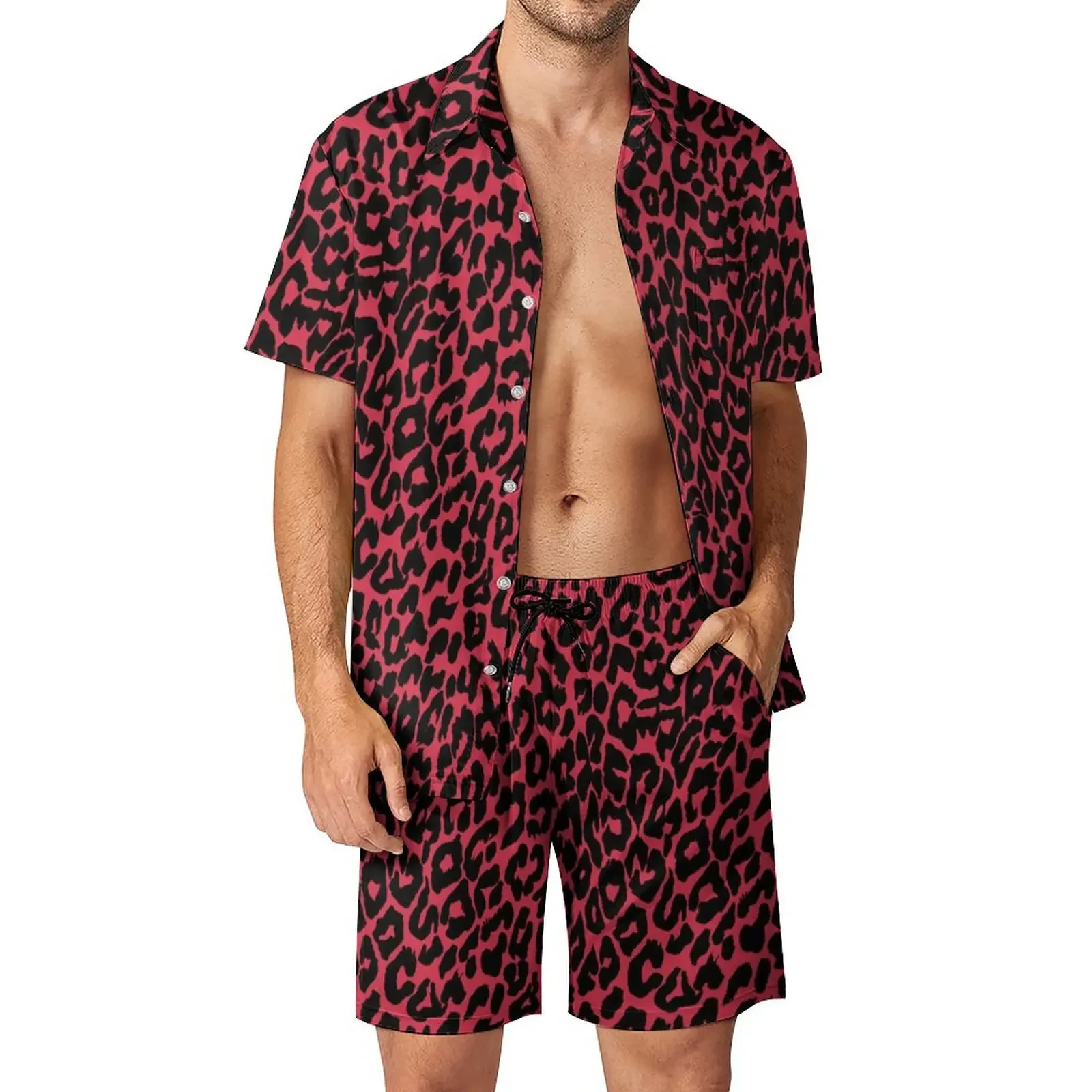 Conjunto de camisa 3D con estampado de leopardo para hombre, ropa informal de manga corta, pantalones cortos de playa de gran tamaño, ropa de calle