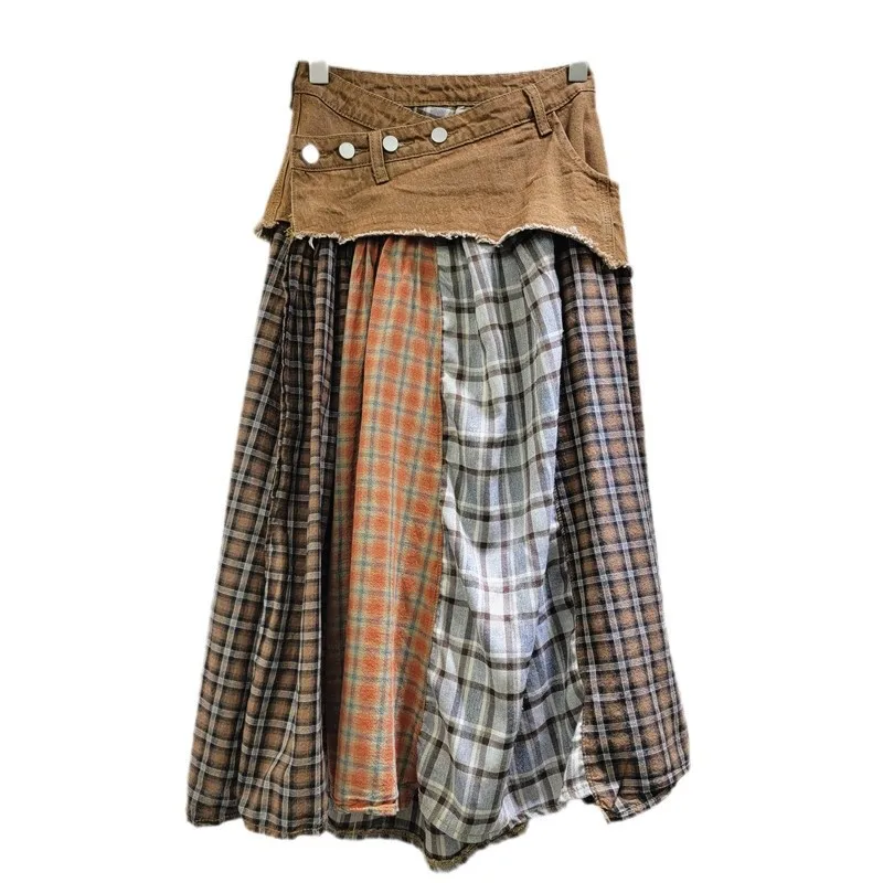 Deconstructed Plaid Denim Skirt | High Waist A-Line Midi, a Statement Boho Chic Skirt for Spring Summer