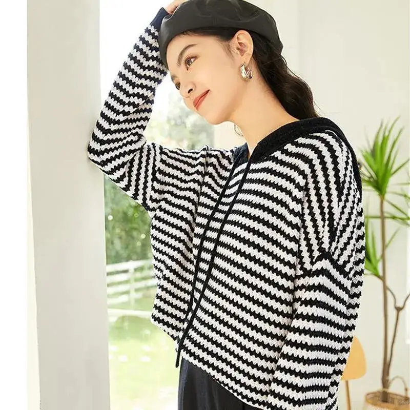 Fashionable Slim Sweater Lazy Style Striped Casual Knit Sweater Loose Hooded Internet Famous Hoodie Women's Trend