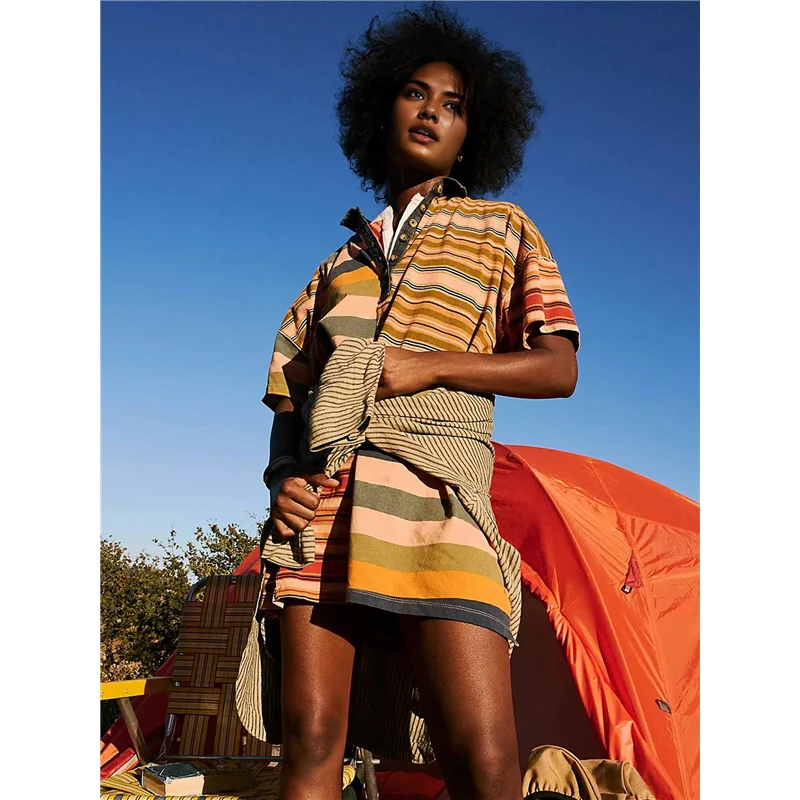 【SEE】Women Contrast Striped Babydoll Y2k Summer Patchwork T- Shirt Dress Vintage V Neck Short Sleeve Dress