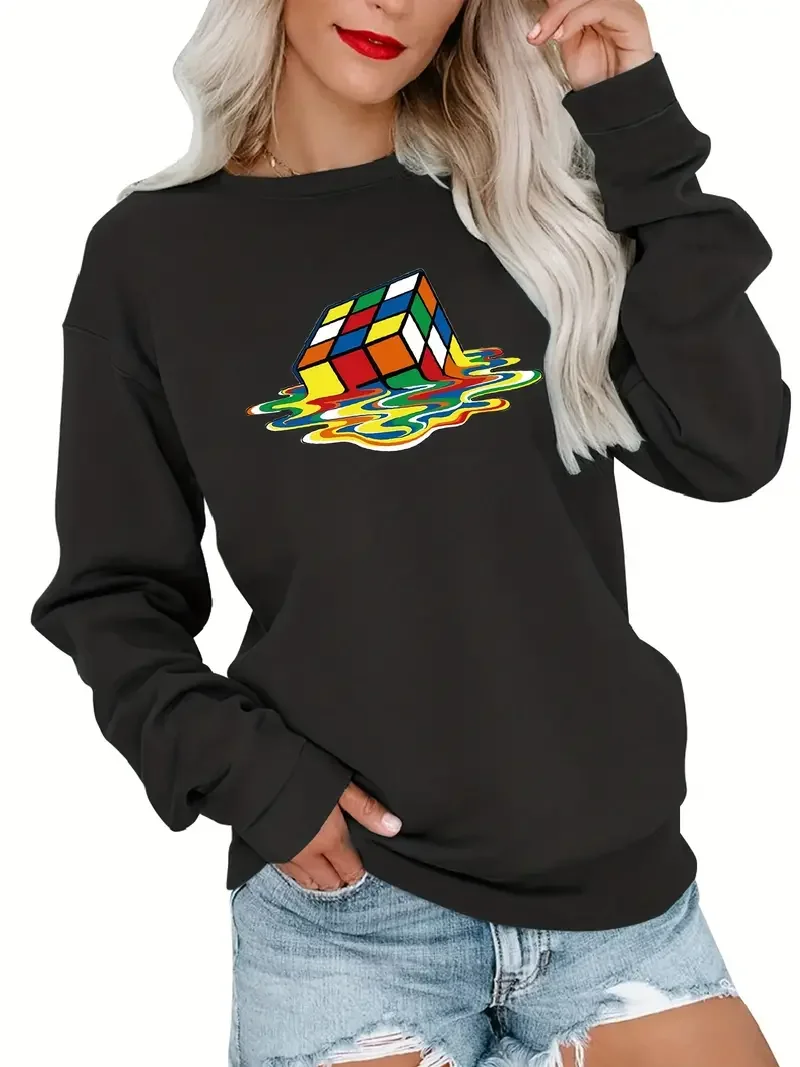 Melted Cube Print Sweatshirt, Casual Crew Neck Long Sleeve Sweatshirt, Women's Clothing