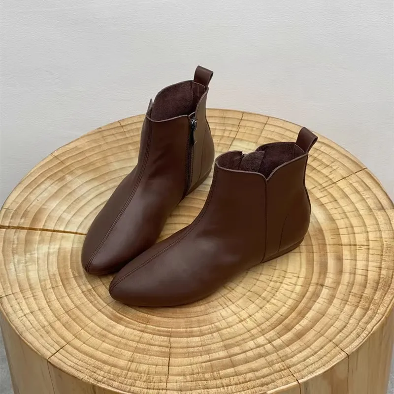 2025 جديد جلد طبيعي حذاء من الجلد النساء ريترو أحذية كعب منخفض أشار تو سستة السيدات عادية أحذية بوت قصيرة مكتب أحذية النساء #5