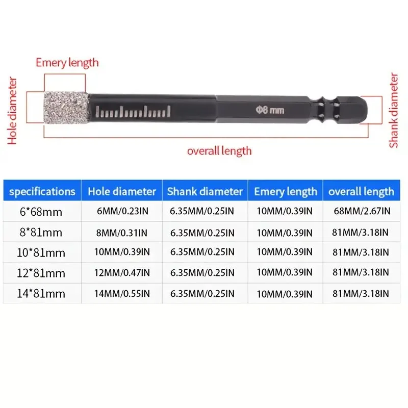 Mata bor heksagon, 5 buah 6/8/10/12/14mm berlian Brazed kering granit marmer ubin keramik kaca mata bor pembuka lubang