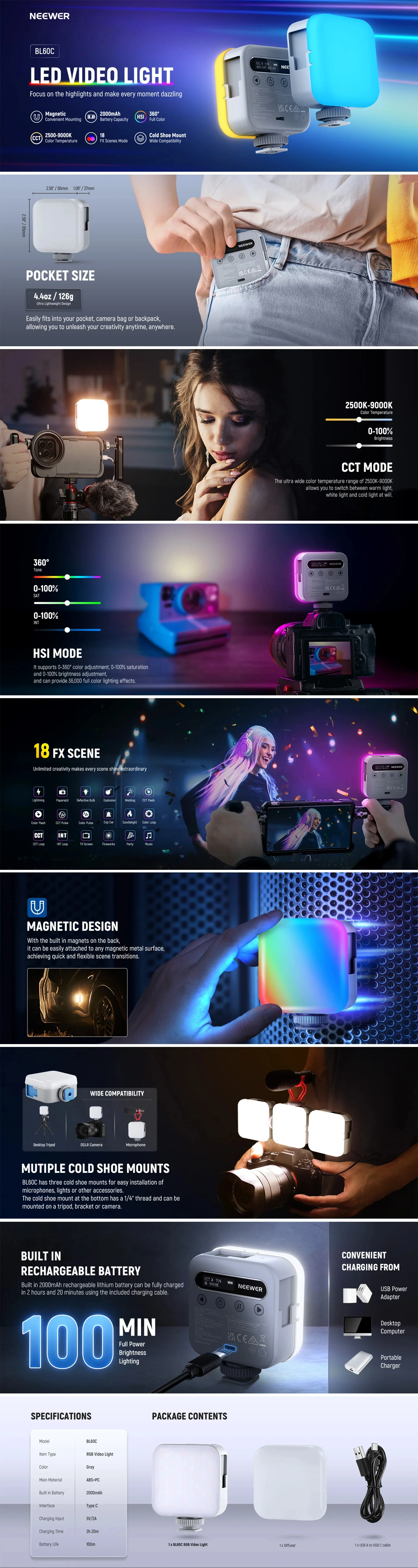 Neue NEEWER BASICS magnetische RGB-Videoleuchte 360° ° Volle RGB Mini LED Kamera Licht für Selfie/Stativ Fotografie Beleuchtung – Detail 1