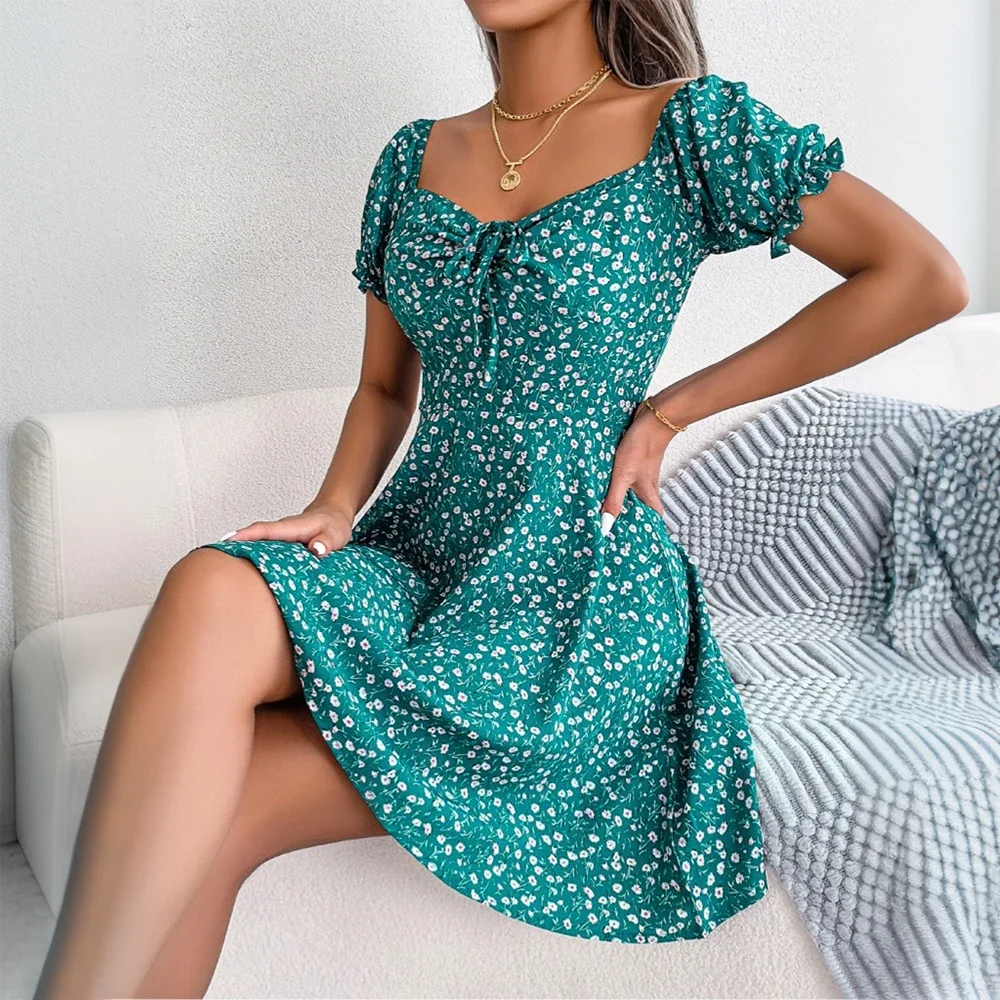 Mini abito da donna Boho stampato floreale con scollo quadrato Drwastring A-Lined Summer Ladies Holiday Prairie Chic Sundress Taglia S-XL