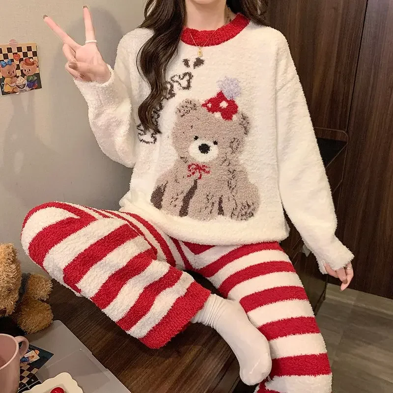 Winter Thicken Women Pajamas 2 Piece Set Nightgowns Cartoon Christmas Sleepwear Korean Girl's Gift Pyjamas Coral Fleece Homewear