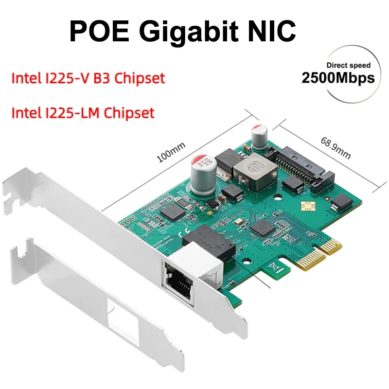 

IOCREST 2.5G POE Gigabit Card Single Port RJ45 Gigabit PCIe x1 PoE+ Ethernet Network Card Frame Grabber 802.3at Intel I225 Chip