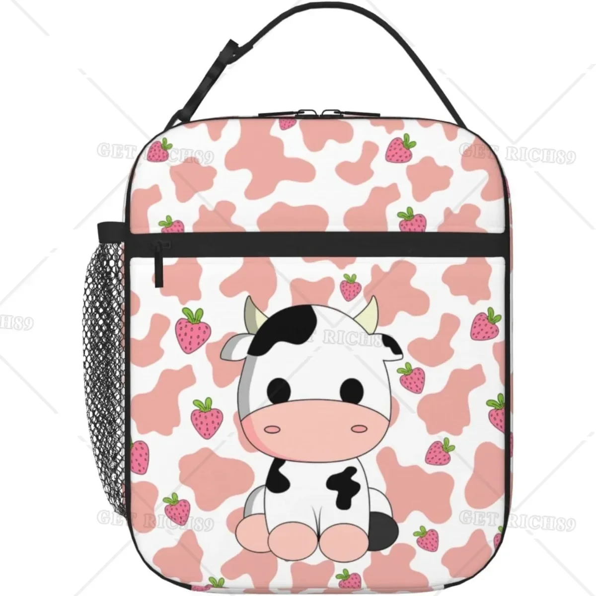 Strawberry Cow Thermal Lunch Box for Kids Boys Girls Pink Cow Print Insulated Lunch Bag Reusable Cooler Tote Bag for School Work